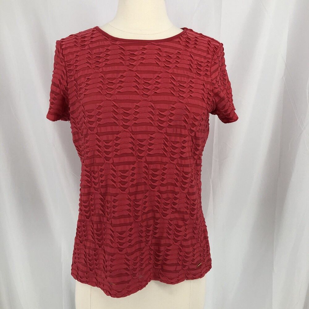 Calvin Klein Women's Ribbed Ribbon Pink Short Sleeve Lined Top SZ Small
